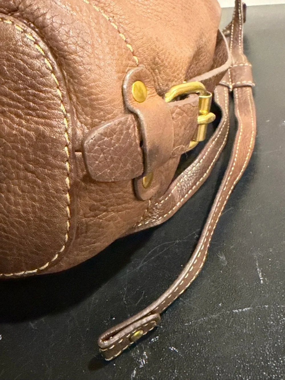 Fossil Brown Pebbled Leather Bucket Shoulder Bag with Dark Trim - Picture 8 of 8